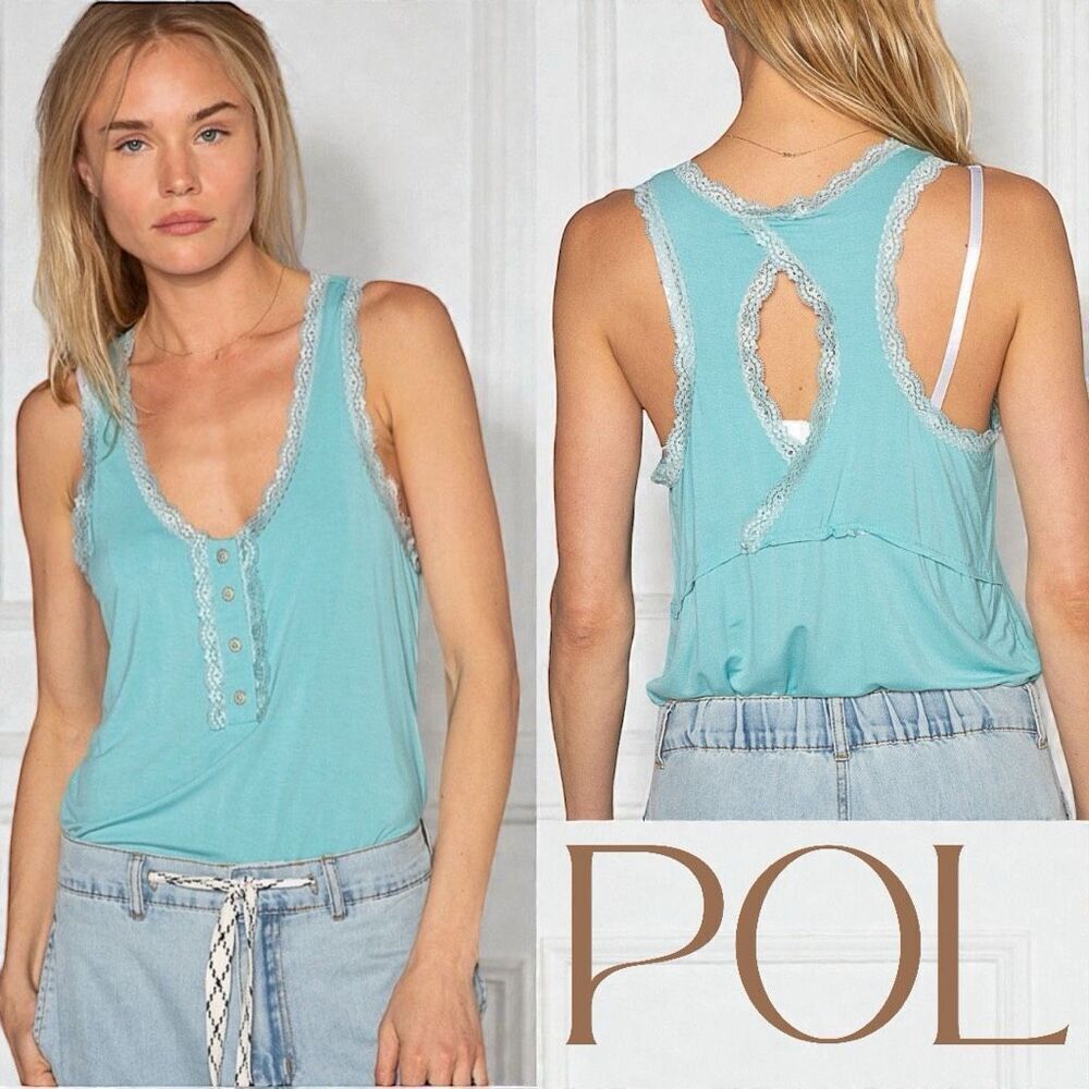 POL Blue Lace Trim Tank Top Button Front Boho Layering Cami NEW